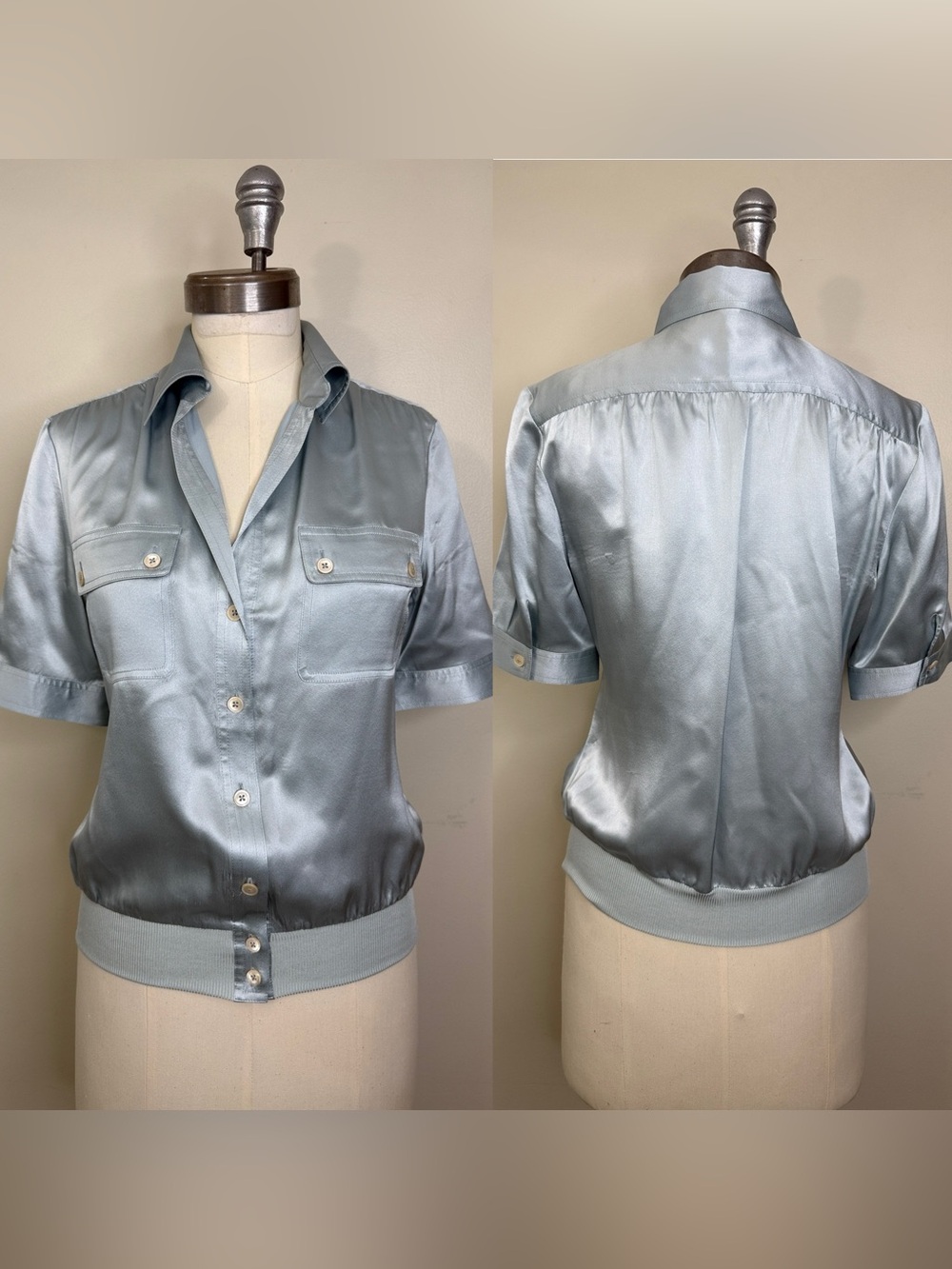 100% SILK BANANA REPUBLIC SILK BUTTON DOWN SHIRT SILVER/BLUE SIZE MEDIUM